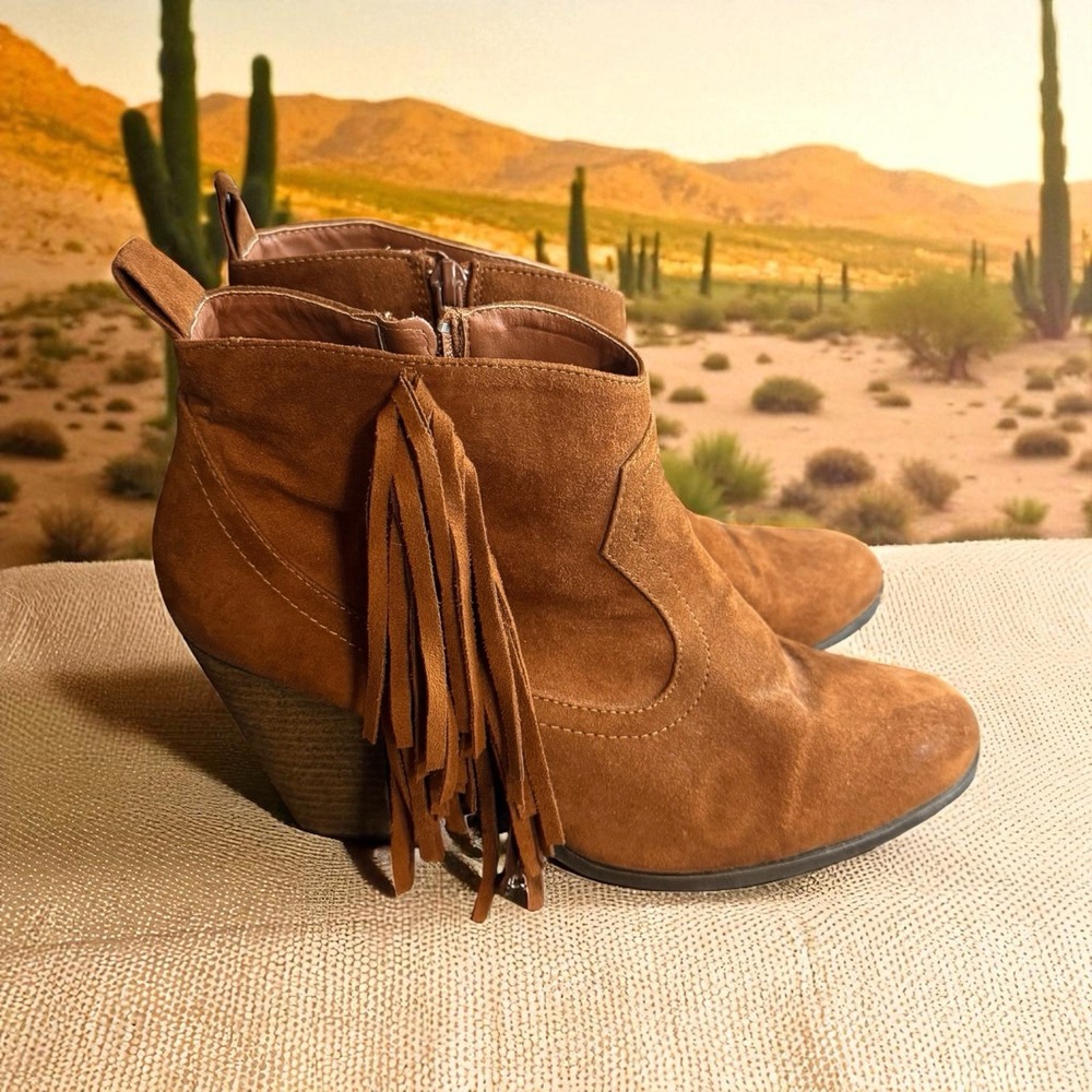 Y2K 🔥Qupid‎ Brown🤠 Suede Fringe Wedge Boots Size 9 Western Boho Indie